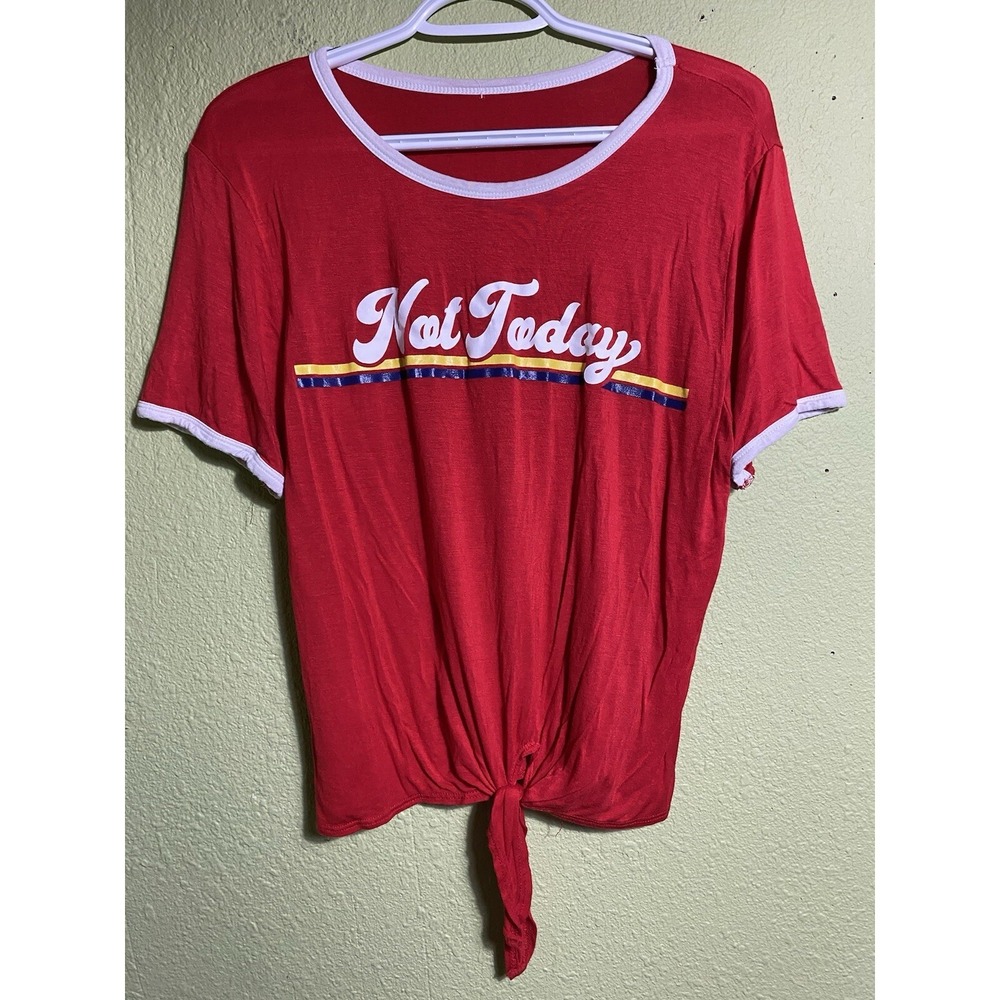 Not Today Graphic Ringer Tee Red Short Sleeve Front Tie Knot‎ Top Womens